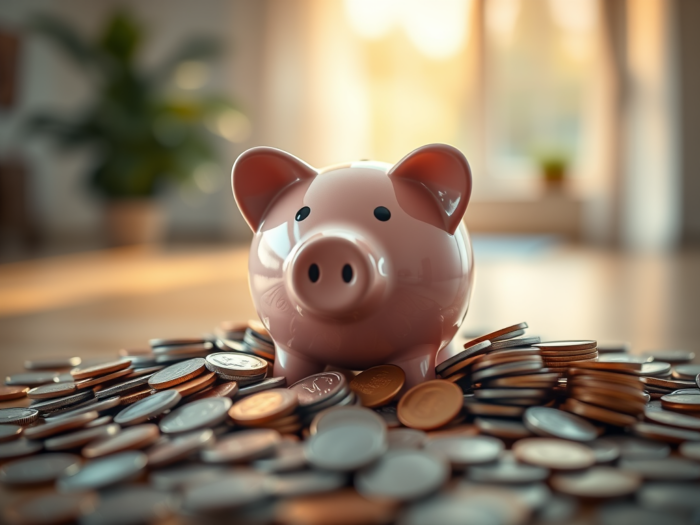 A pink piggy bank on top of a mound of various coins.